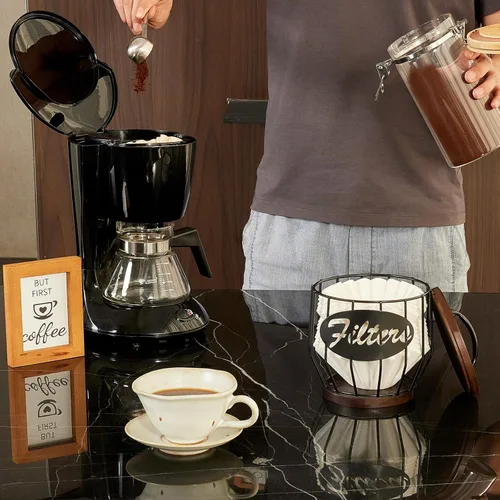 Miniatura 5 de Yangbaga Soporte para filtro de café con tapa de madera, cesta de almacenamiento de filtro de café de madera y metal para filtros de café de 2 a 4