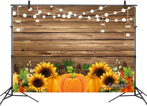 LB Telones de fondo de Acción de Gracias para fotografía, cosecha, calabaza, girasoles de pino, madera rústica, fondo de fotos, pancarta de fiesta