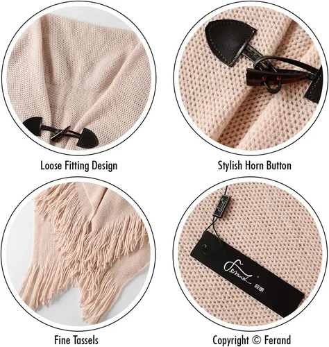 Miniatura 4 de Ferand Poncho de ajuste holgado para mujer con elegantes botones de cuerno, cuello en V y dobladillo en V