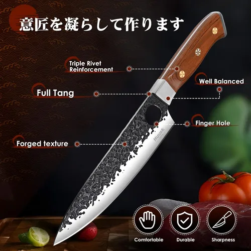 Miniatura 4 de Huusk Cuchillos de carnicero para carne, juego de cuchillos de cocina vikingos de acero al carbono forjado a mano con bolsa de rollo