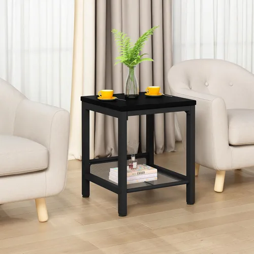 Miniatura 7 de Conjunto de 3 mesas de café AWQM, mesa de café industrial con 2 mesas auxiliares cuadradas, conjunto de mesas modernas para sala de estar con Negro