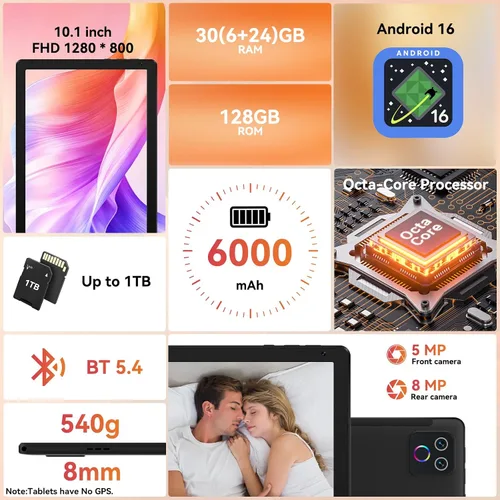 Miniatura 2 de URAO Tableta, tableta Android de 10.1 pulgadas con procesador Octa-core 30GB RAM 128GB ROM HD IPS pantalla táctil 8H batería, Wi-Fi 6, BT 5.4