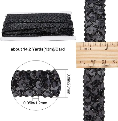Miniatura 2 de GORGECRAFT Cinta de lentejuelas negras de 0.78 pulgadas (14 yardas) con purpurina y lentejuelas de encaje, tiras de lentejuelas de 3 filas, rollo