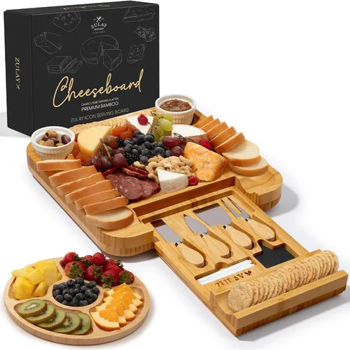 Miniatura 11 de Zulay Kitchen Juego de tablas de queso de bambú de alta calidad, juego de tablas de embutidos de bambú extra gruesas con juego de 4 cuchillos, tabla