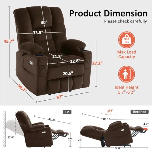 Miniatura 3 de MCombo Sillón Reclinable Grande con Triple Motor de Elevación Eléctrica con Masaje y Calefacción Doble, Reposacabezas Ajustable para Personas Café