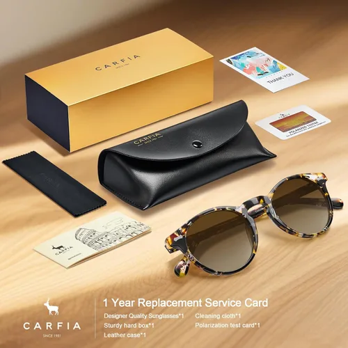 Miniatura 20 de CARFIA Gafas de sol polarizadas de acetato redondo para mujer, protección UV de cara pequeña con funda de cuero CA5288
