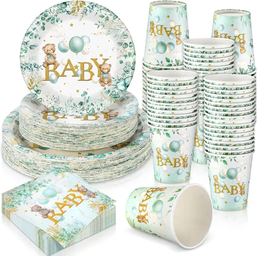 Juego de 200 piezas de vajilla para fiesta, patrones impresos, servilletas, tazas, decoraciones de mesa para baby shower, fiesta de cumpleaños (oso)