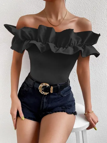 Miniatura 4 de OYOANGLE Blusa de manga corta con volantes y hombros descubiertos para mujer
