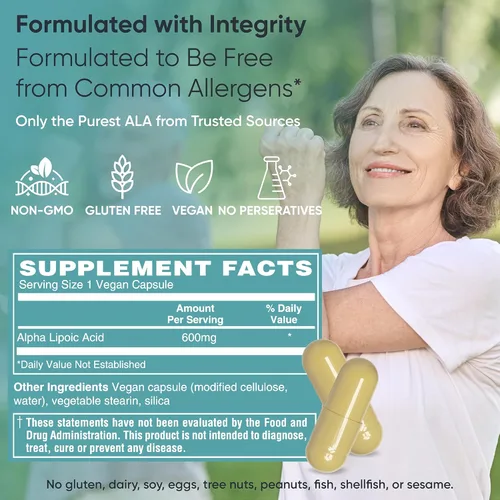 Miniatura 7 de Ácido alfa lipoico 600 mg – Soporte antioxidante de alta potencia – Apoya la salud celular y el metabolismo energético – Vegano, sin OMG, sin gluten