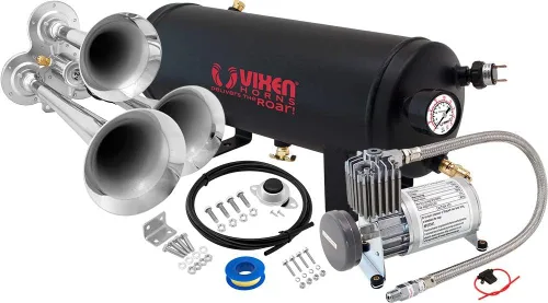 Vixen Horns Train Horn Kit for Trucks/Car/Semi. Complete Onboard System- 150psi Air Compressor, 1.5 Gallon Tank, 3 Trumpets. Super Loud dB. Fits