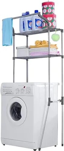 BAOYOUNI - Estante de almacenamiento de 2 niveles para lavadora, de metal, 6 ganchos, ancho ajustable, para lavandería, inodoro