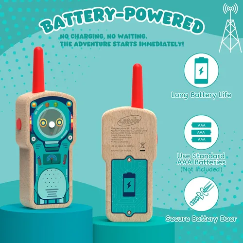 Miniatura 5 de Walkie Talkie Robot de madera para niños de 3 a 8 años, paquete de 2 radios de 2 vías con certificación FSC con rango de 1000 pies, fácil de empujar