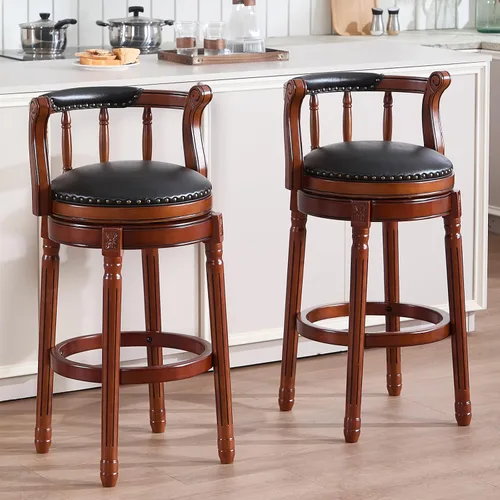Miniatura 18 de RAINMOOD Juego de 2 taburetes de bar, taburete tapizado de cuero de grano completo, silla de bar negra con respaldo, patas de madera maciza