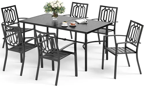 Miniatura 22 de SUNSHINE VALLEY Juego de 7 sillas de comedor para patio, material metálico, 6 sillas de comedor de color teca rectangular con agujero para sombrilla