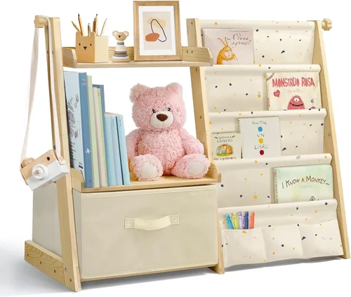 Miniatura 10 de Estantería para niños y organizador de juguetes 2 en 1, estante para libros para habitaciones de niños con cubo de juguetes móvil, estante de 4