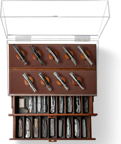 Vitrina de cuchillos de bolsillo premium para 50 cuchillos, organizador de cuchillos de madera extragrande, almacenamiento y soporte con pilares Nuez