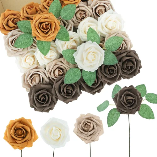 Miniatura 27 de DuHouse 25 rosas artificiales con tallos, flores de espuma de tacto real para bricolaje, ramo de boda, centro de mesa, arreglo floral, fiesta, Verde
