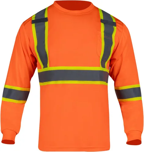 Miniatura 2 de FONIRRA Camiseta de seguridad de manga larga reflectante de alta visibilidad, camisas de trabajo de construcción ANSI Clase 3 para hombres Naranja