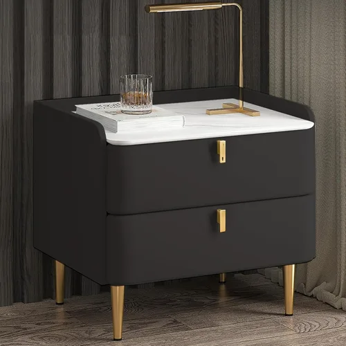 Miniatura 11 de WOLWES Mesita de noche, mesa auxiliar con almacenamiento, mesita de noche de madera maciza con 2 cajones, parte superior de mármol sintético