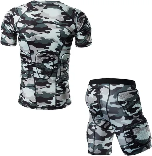 Miniatura 2 de DGXINJUN Men Padded Compression Shirt Sports Short Sleeve Protective Camo T-Shirt Shorts Set Shoulder Rib Chest Back Protector Pads Support Suit for
