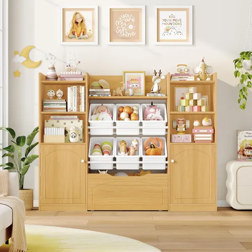 Miniatura 4 de FINETONES Organizador de almacenamiento de juguetes con contenedores extraíbles, estantería 5 en 1 para niños con pecho móvil y estantes para libros