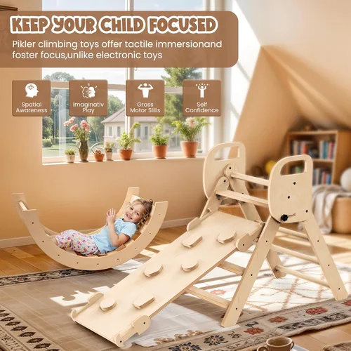 Miniatura 5 de Conjunto de Triángulo Pikler Plegable Juguetes de Escalada de Madera para Niños Pequeños Interiores, Parque Infantil Gimnasio de Jungla para Niños