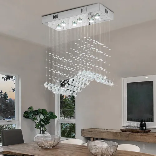Miniatura 9 de Araña moderna de onda, araña rectangular de cristal con gotas de lluvia, montaje empotrado, lámpara colgante de techo cromada, ideal para comedor