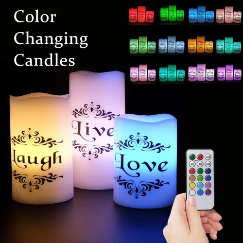 Miniatura 3 de Velas LED sin llama que cambian de color con control remoto de 18 teclas y temporizador, calcomanías de Live Love Laugh que funcionan