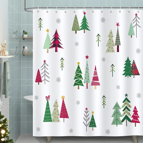 Miniatura 2 de Bonhause Cortina de ducha de árbol de Navidad, árbol de Navidad verde y rojo con copos de nieve, decoración de baño de vacaciones de invierno, 72 x