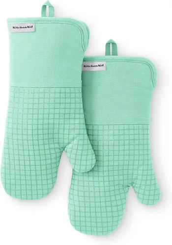 Miniatura 17 de KITCHENAID Gourmet Series Gridlines - Juego de 2 guantes de horno resistentes al calor hasta 600 °F, agarre de silicona suave, puño magnético, verde