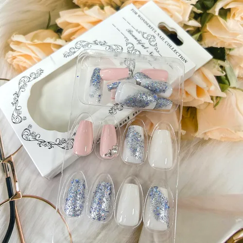 Miniatura 3 de Uñas postizas artificiales a presión de longitud media con diseño de lentejuelas plateadas, cobertura completa, reutilizables, rosadas