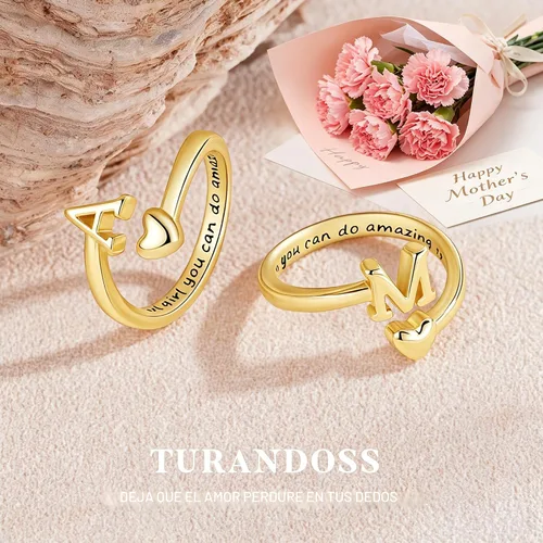 Miniatura 5 de Turandoss Regalos para el día de San Valentín para adolescentes, anillos de oro para niños, chapados en oro de 14 quilates con inicial para letra A