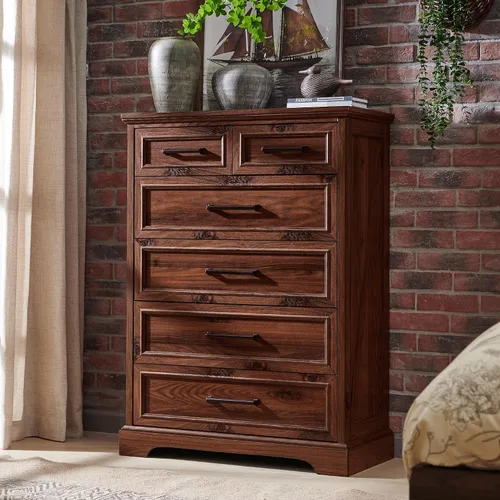 ACCOHOHO Cómoda de 6 cajones, cómoda de granja para dormitorio, cómoda de 44 pulgadas de alto con asas de metal grandes, organizador de cajones de
