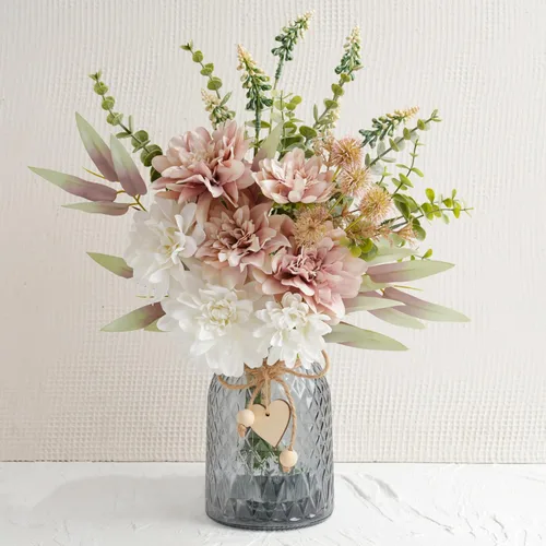 Miniatura 9 de LUEUR Flores falsas con jarrón, flores artificiales de hortensias en jarrón, arreglo de flores sintéticas adecuadas para el hogar, cocina, sala