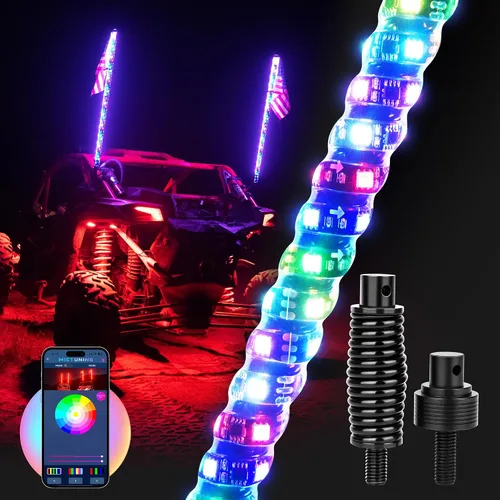 Miniatura 10 de MICTUNING 2PCS Luces LED Whip W1 de 3 pies con bandera y base de resorte, luces whip de persecución en espiral RGB+IC con APP, sincronización