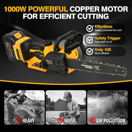 Miniatura 2 de Motosierra eléctrica inalámbrica de 12 pulgadas, motosierra de 20V alimentada por batería inalámbrica, motosierra con 2 baterías de iones de litio