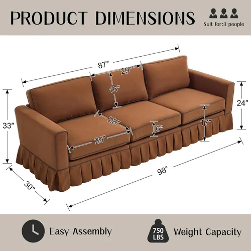 Miniatura 2 de CIMOTA Sofá de 89 pulgadas, sofá de 3 plazas para sala de estar, cómodo sofá modular con base con falda, asientos profundos, marco resistente, sofás