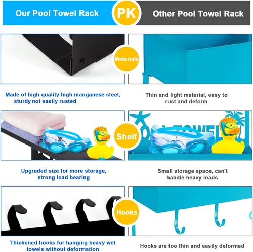 Miniatura 3 de Toalleros de piscina con estante 8 ganchos para piscina, baño, montaje en pared, toallero, soporte para toallas, soporte de acero al carbono