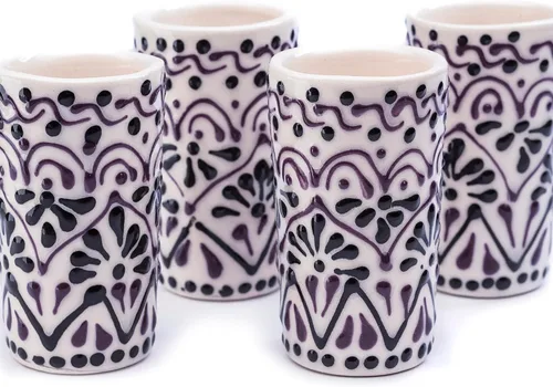 Miniatura 31 de Juego de 4 vasos de chupito Talavera auténticos mexicanos para tequila - Pintados a mano - 2 Oz (Flores naranjas)