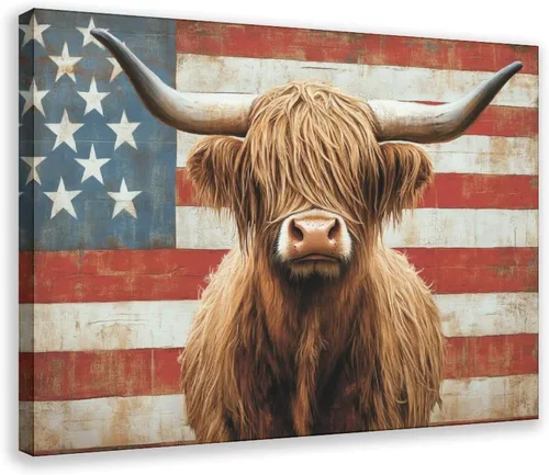 Miniatura 37 de JDBeehpy Arte de pared de vaca de las tierras altas de granja, bandera americana, sin marco, póster patriótico para el Día de la Independencia del 4