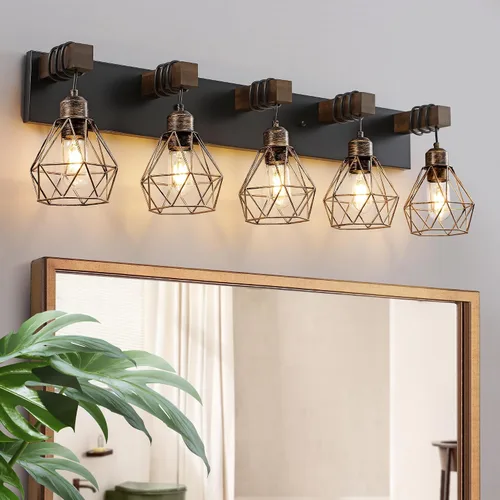 Miniatura 8 de Lámpara de tocador estilo casa de campo para baño, luminarias de tocador de baño de 2 luces negra dorada de madera sobre espejo, apliques rústicos