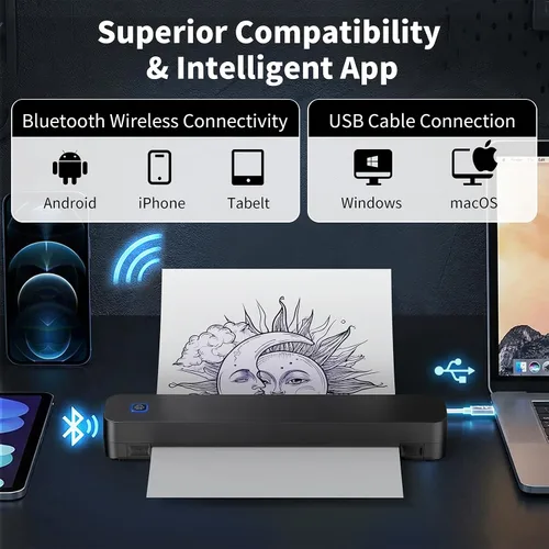 Miniatura 2 de KNAON Impresora profesional de plantillas de tatuajes, máquina de transferencia térmica inalámbrica Bluetooth para tatuajes, incluye 10 piezas