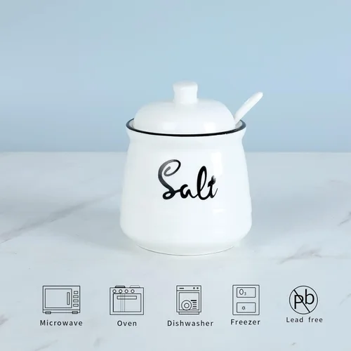 Miniatura 3 de Cuenco de sal de porcelana con tapa y cuchara de 12 onzas, fácil de limpiar (blanco)