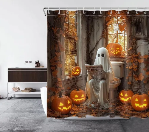 Miniatura 32 de LB Cortina de ducha de feliz Halloween para baño, flamenco rosa y calabaza naranja con sombrero mágico, cortina de ducha de tela con ganchos, juego