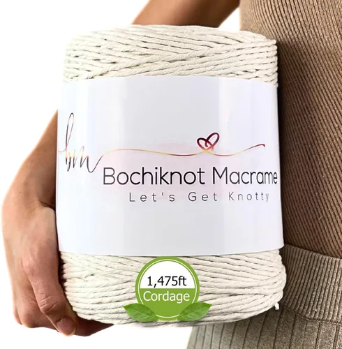 BOCHIKNOT Cuerda de macramé a granel de 0.157 in x 495 yardas, cuerda de algodón de una sola hebra para colgar plantas en la pared, manualidades