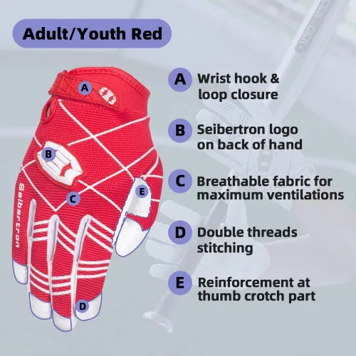 Miniatura 2 de Seibertron B-A-R PRO 2.0 - Guantes insignia de bateo para béisbol, sóftbol y Teeball, con super agarre, ajuste de dedo, múltiples tamaños 11 + 5 Rojo