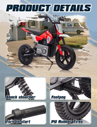 Miniatura 4 de Motocicleta eléctrica para niños de 5 a 10 años, 24V 200W Moto de cross eléctrica de mayor velocidad, motocicleta montable para niños con Rojo