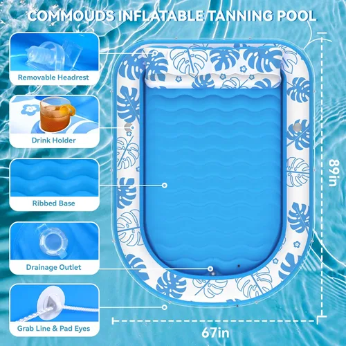 Miniatura 3 de Flotador Inflable para Piscina de Bronceado con Almohada Cervical - Flotadores de Piscina para Adultos para Tomar el Sol, Patio Trasero, Fiesta