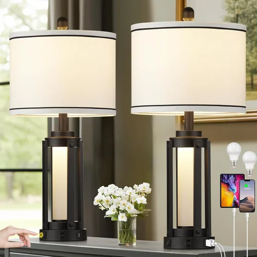 Miniatura 10 de Lámparas de mesa modernas, lámpara de noche industrial regulable de 3 vías con puertos USB A+C y salida de CA, control táctil, lámpara de mesita