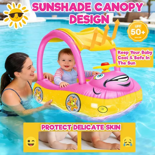 Miniatura 2 de iGeeKid Flotador inflable de piscina para bebé con toldo, asiento de seguridad para bebé, flotadores de natación en forma de automóvil, flotadores